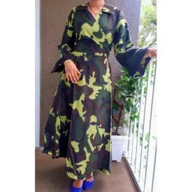 Bell Sleeve Camouflage Wrap Dress