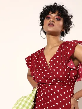 Berrylush Women Red & White Polka Dot Printed V-Neck Backless Ruffled Wrap Mini Dress