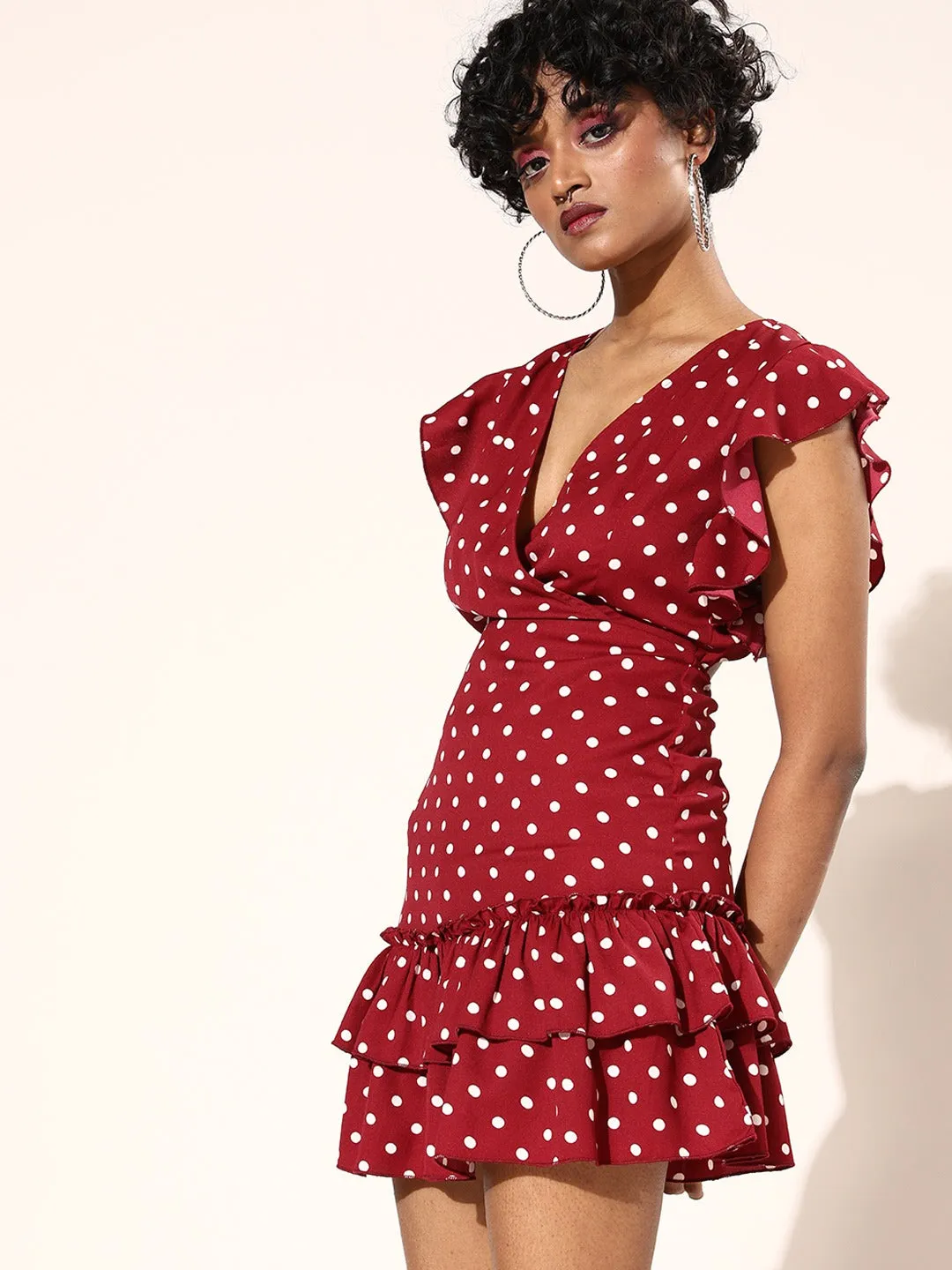 Berrylush Women Red & White Polka Dot Printed V-Neck Backless Ruffled Wrap Mini Dress