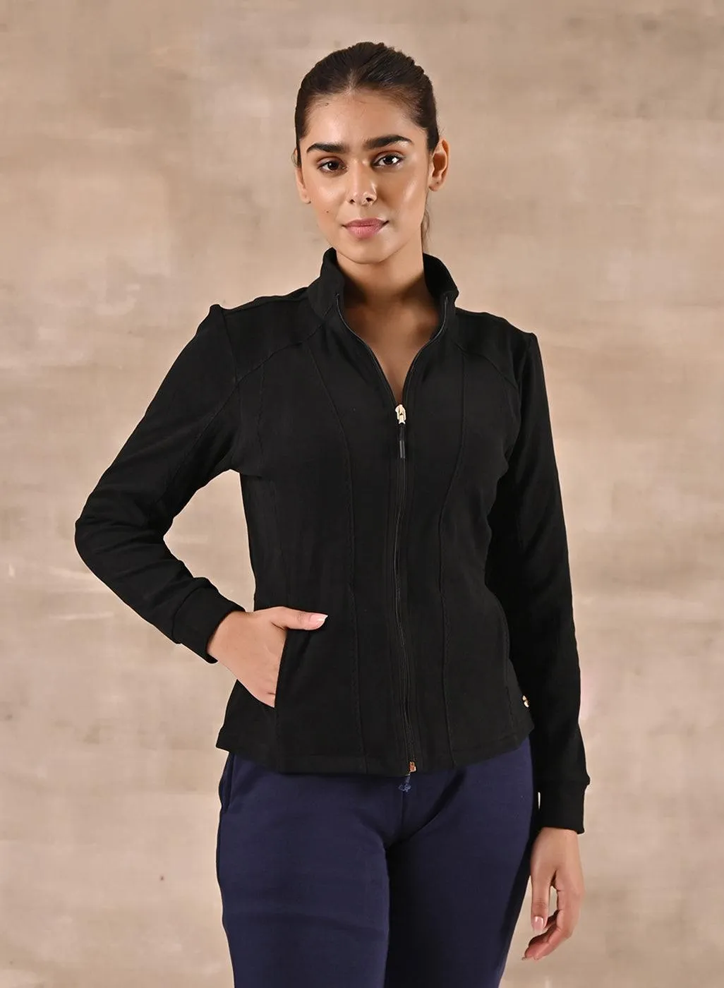 Black Woolen High Neck Jacket with Zig Zag Stitch Detail