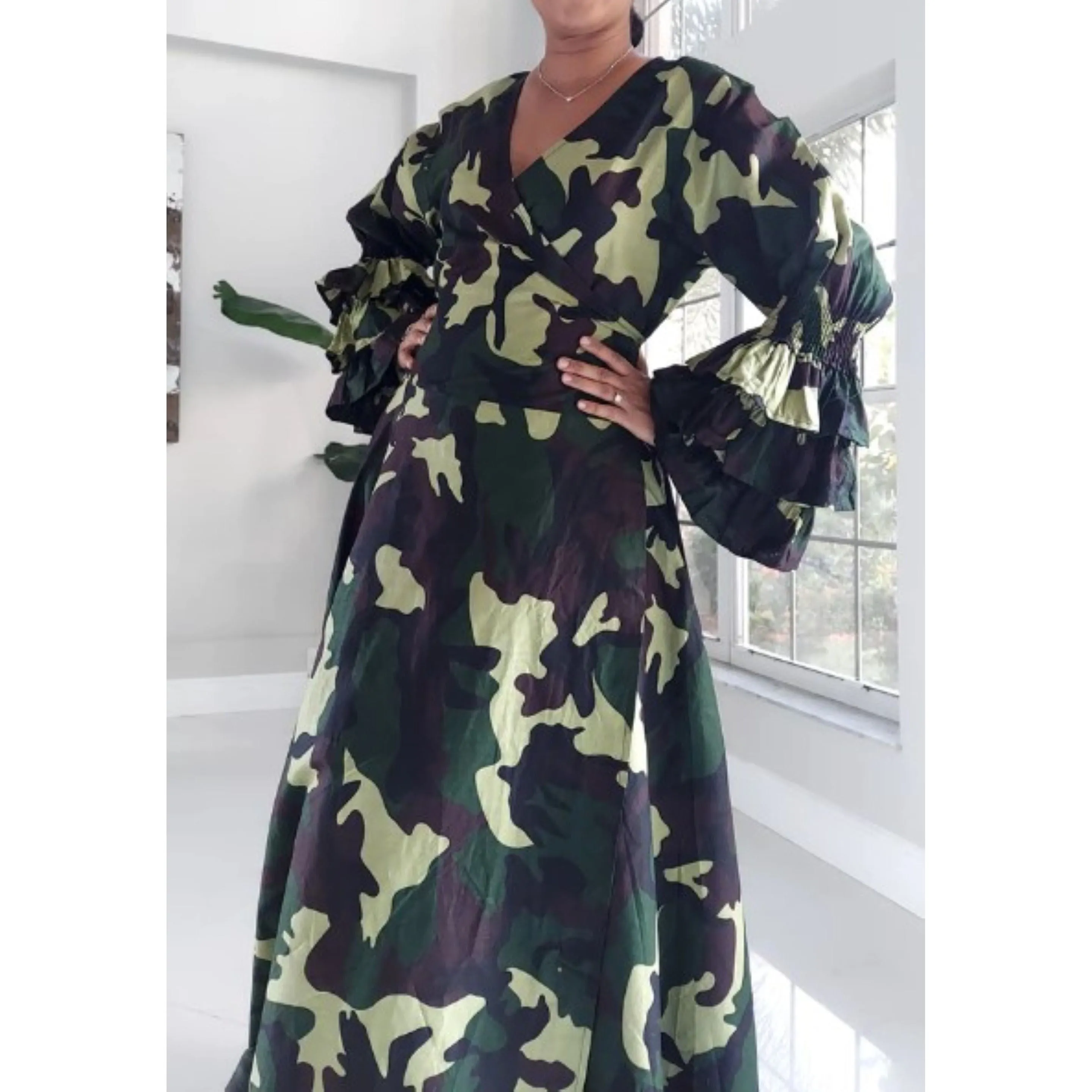 Camouflage Ruffled Sleeve Maxi Wrap Dress