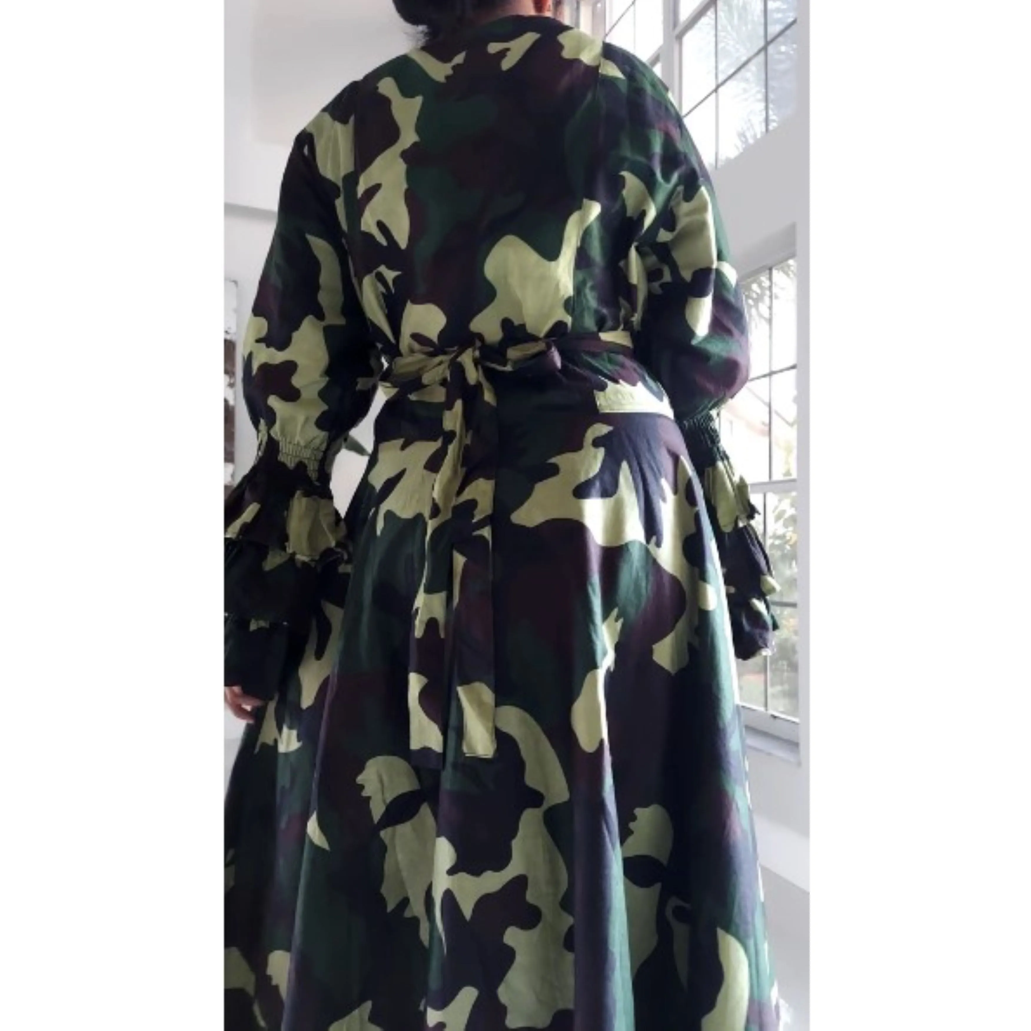 Camouflage Ruffled Sleeve Maxi Wrap Dress