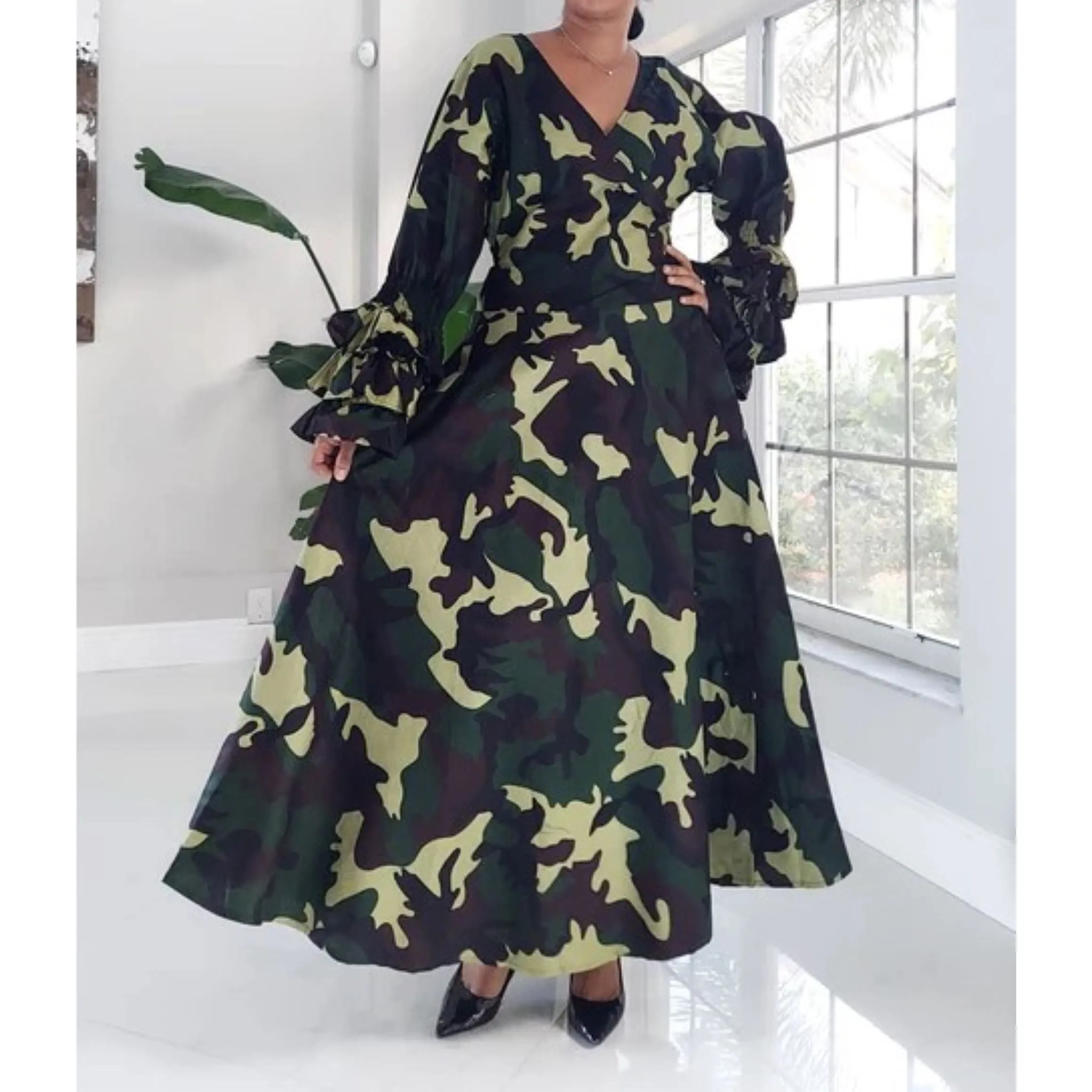 Camouflage Ruffled Sleeve Maxi Wrap Dress
