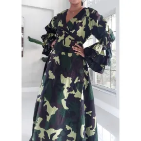 Camouflage Ruffled Sleeve Maxi Wrap Dress