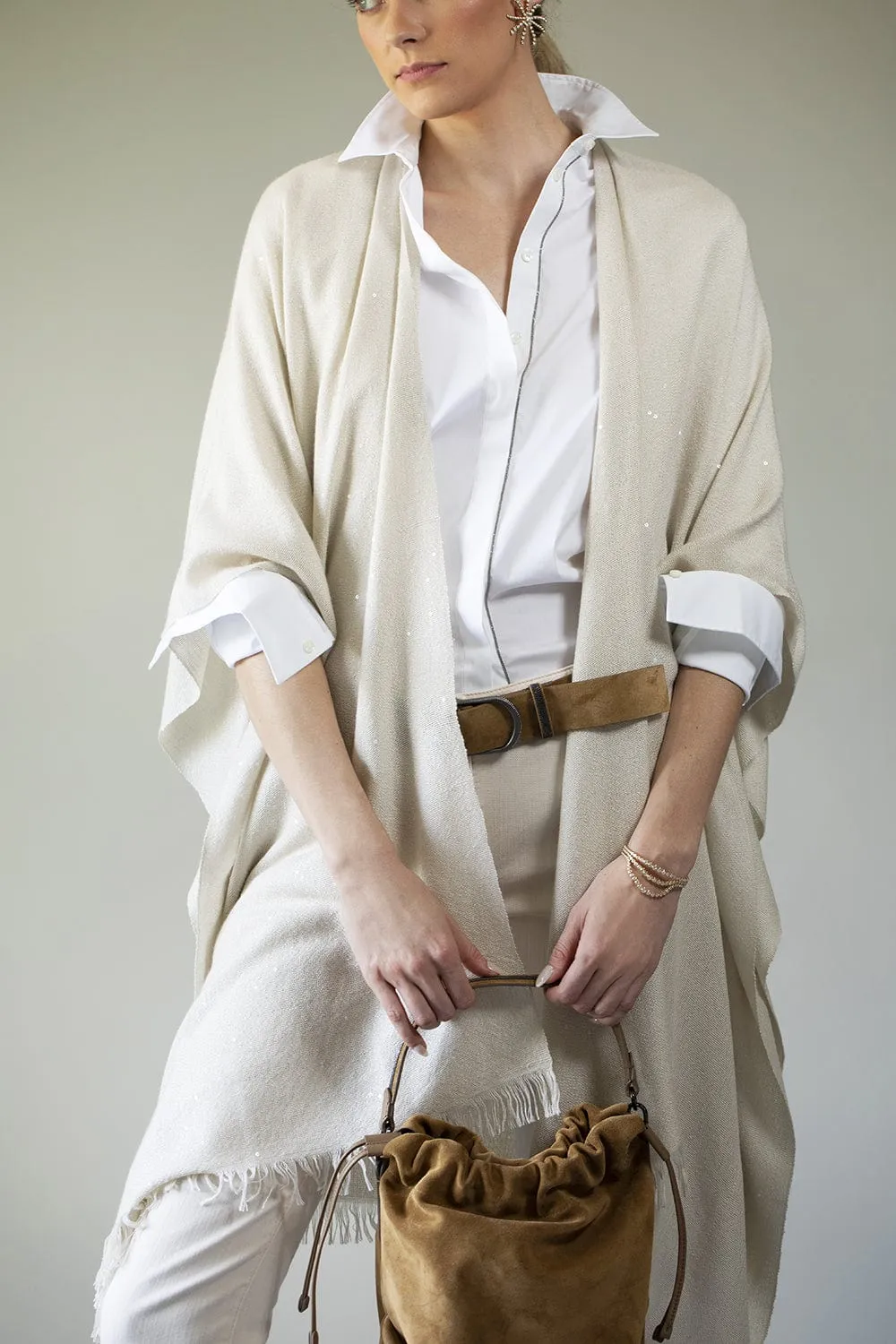 Cashmere Silk Paillette Poncho - Latte