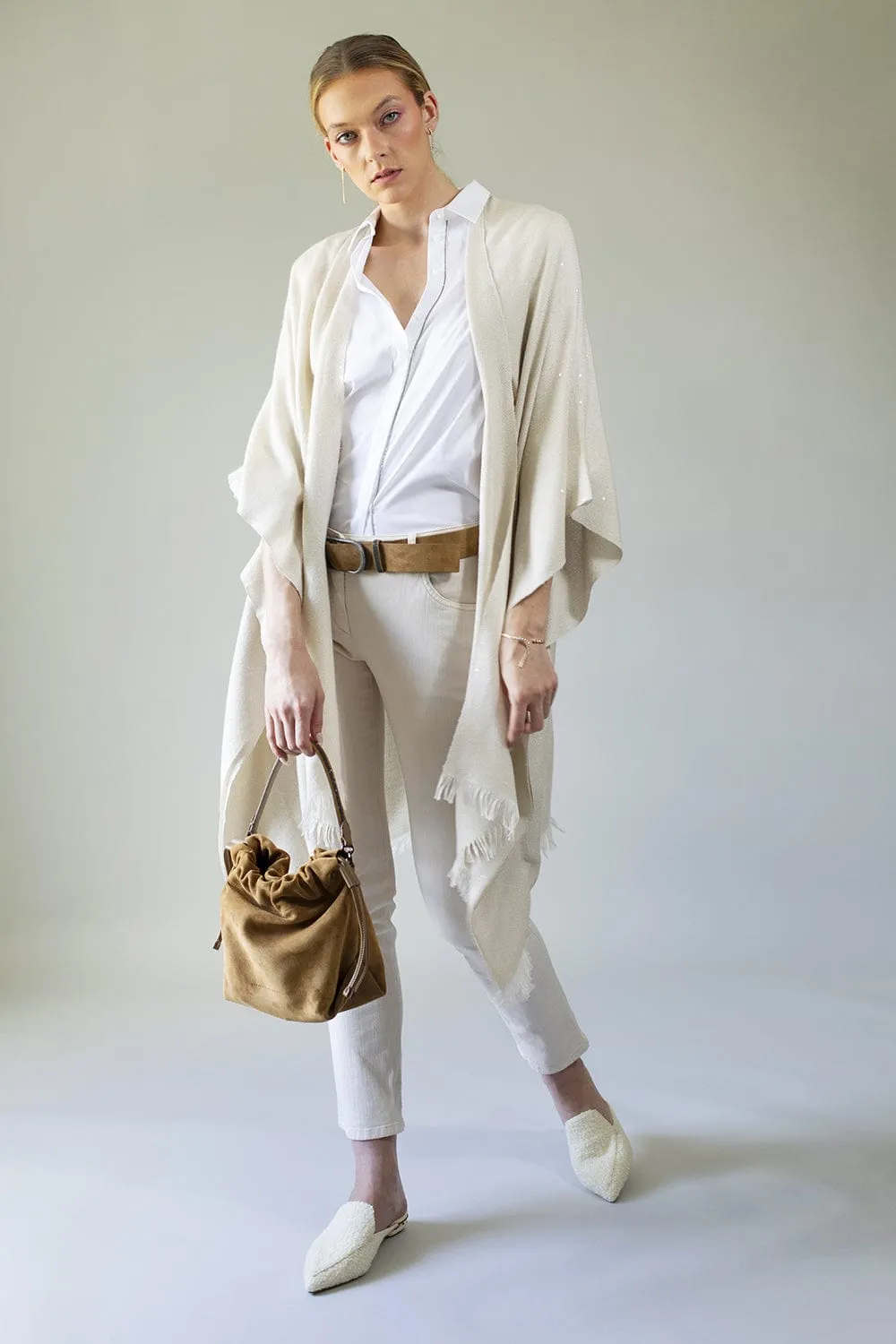 Cashmere Silk Paillette Poncho - Latte
