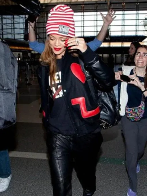 Elegant Red Heart Leather Jacket Worn By Rihanna | Rihanna Elegant Red Heart Leather Jacket