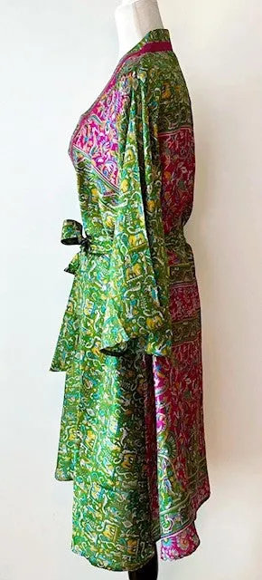 Exceptional Print In Our Cape Sleeve Silk Kimono Duster Dress (Green)