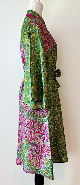 Exceptional Print In Our Cape Sleeve Silk Kimono Duster Dress (Green)