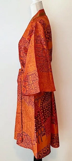 Exceptional Print In Our Cape Sleeve Silk Kimono Duster Dress (Orange)