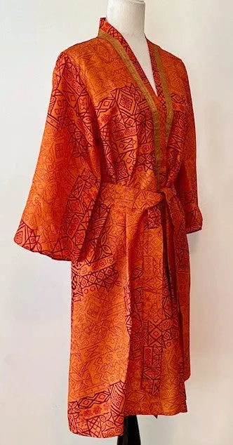 Exceptional Print In Our Cape Sleeve Silk Kimono Duster Dress (Orange)