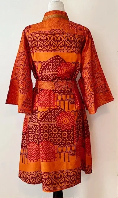 Exceptional Print In Our Cape Sleeve Silk Kimono Duster Dress (Orange)