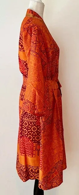 Exceptional Print In Our Cape Sleeve Silk Kimono Duster Dress (Orange)