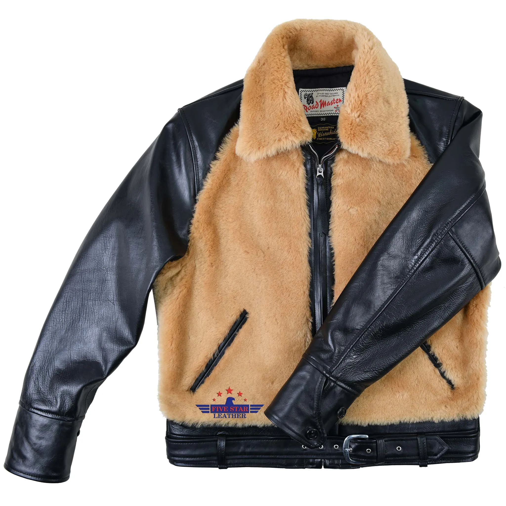FiveStar Leather 1930s Grizzly Jacket Blonde Fur with HorseHide Black Leather