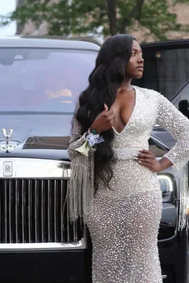 Glamous Deep V Neck Long Sleeves Sheer Prom Dresses