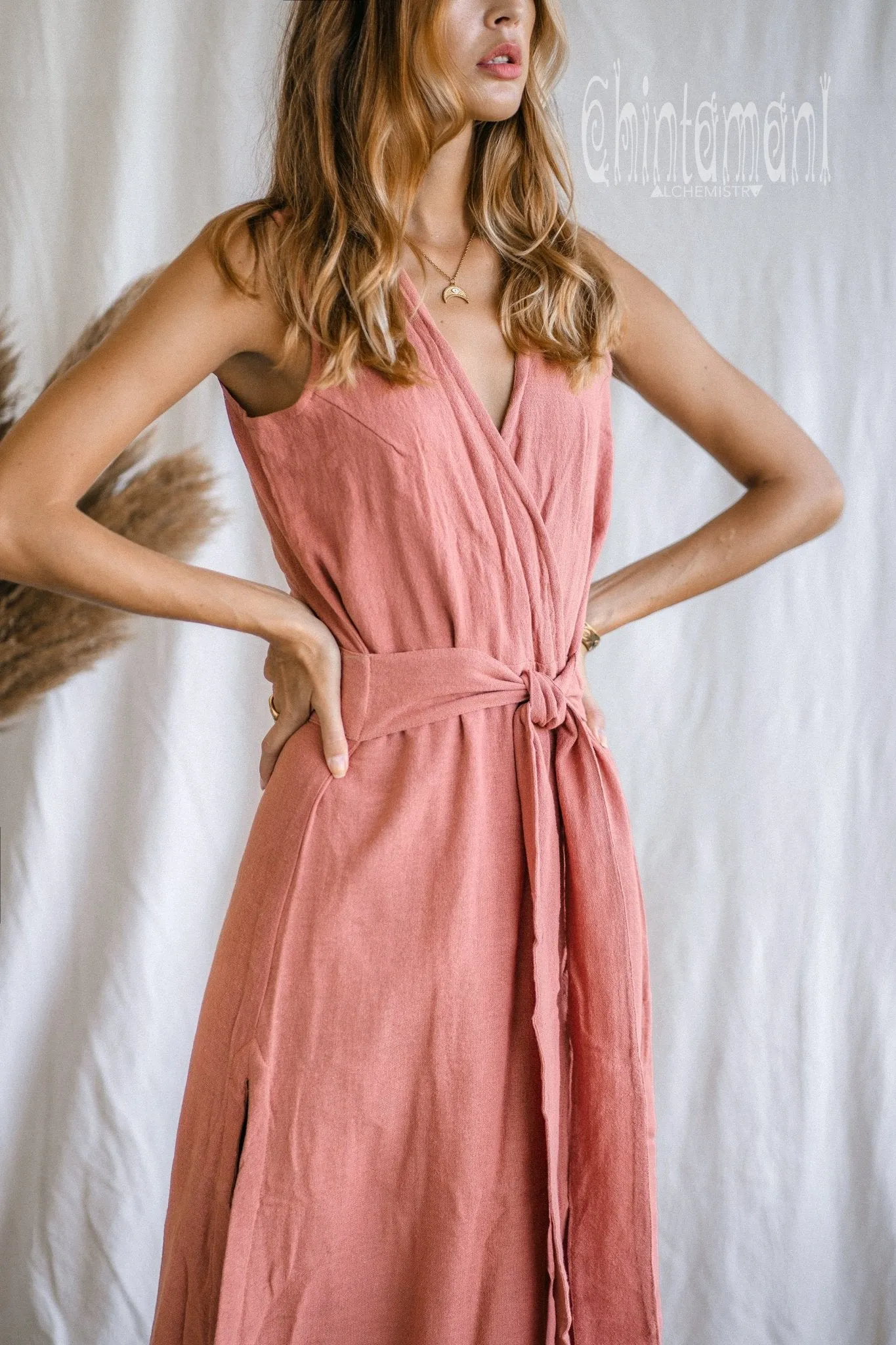Gypsy Raw Cotton Sleeveless Long Wrap Dress / Pink