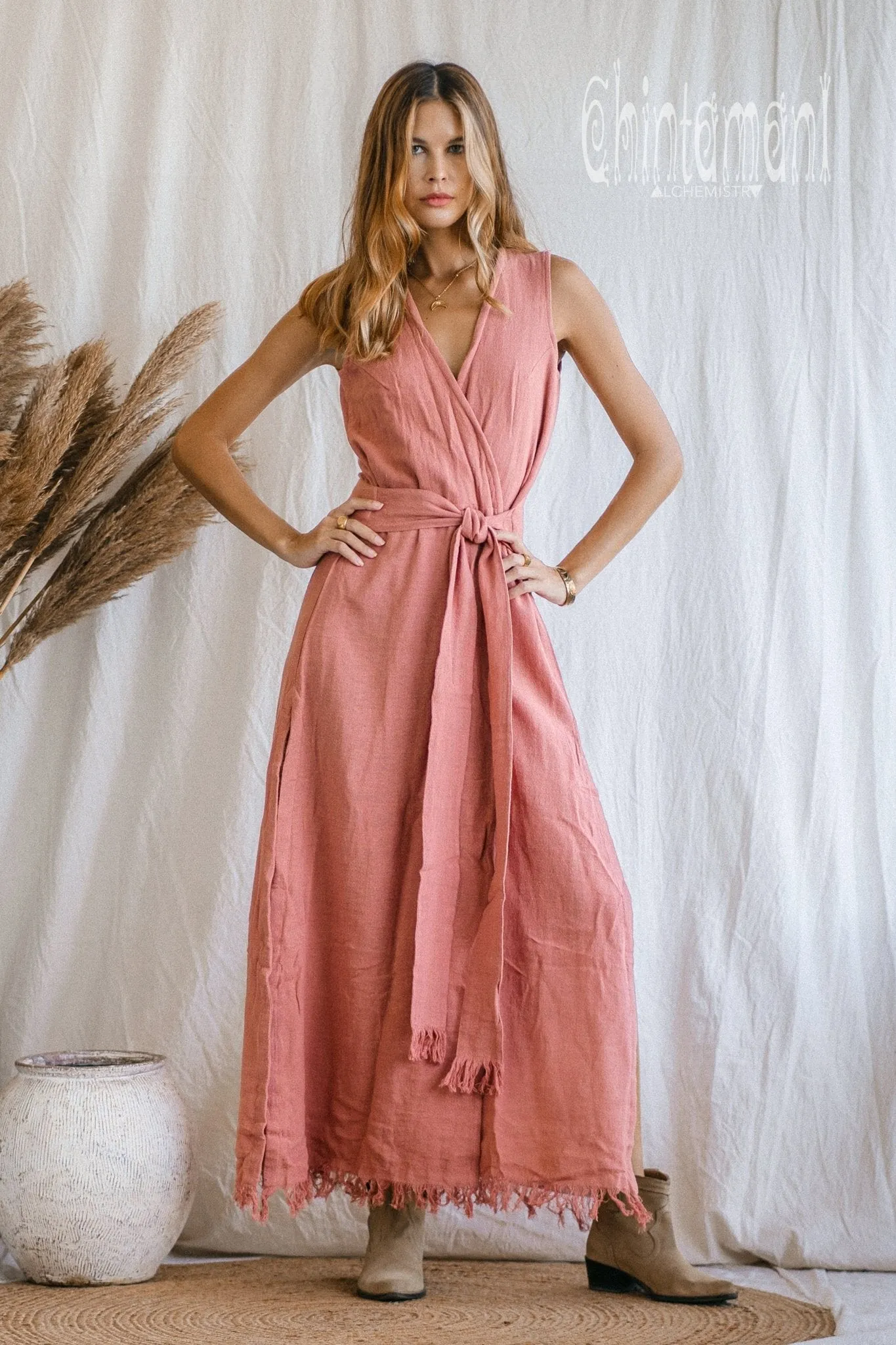 Gypsy Raw Cotton Sleeveless Long Wrap Dress / Pink