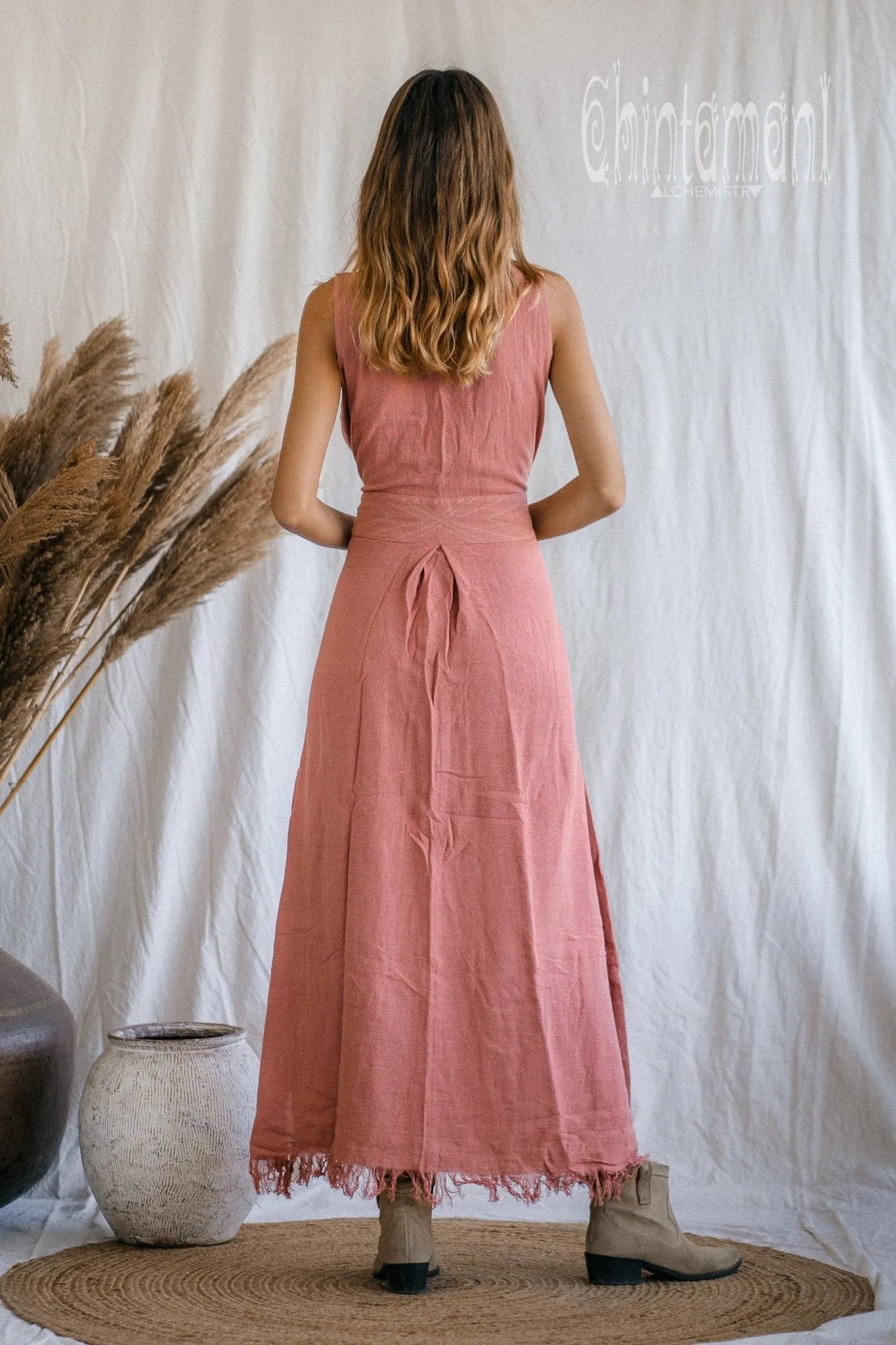 Gypsy Raw Cotton Sleeveless Long Wrap Dress / Pink