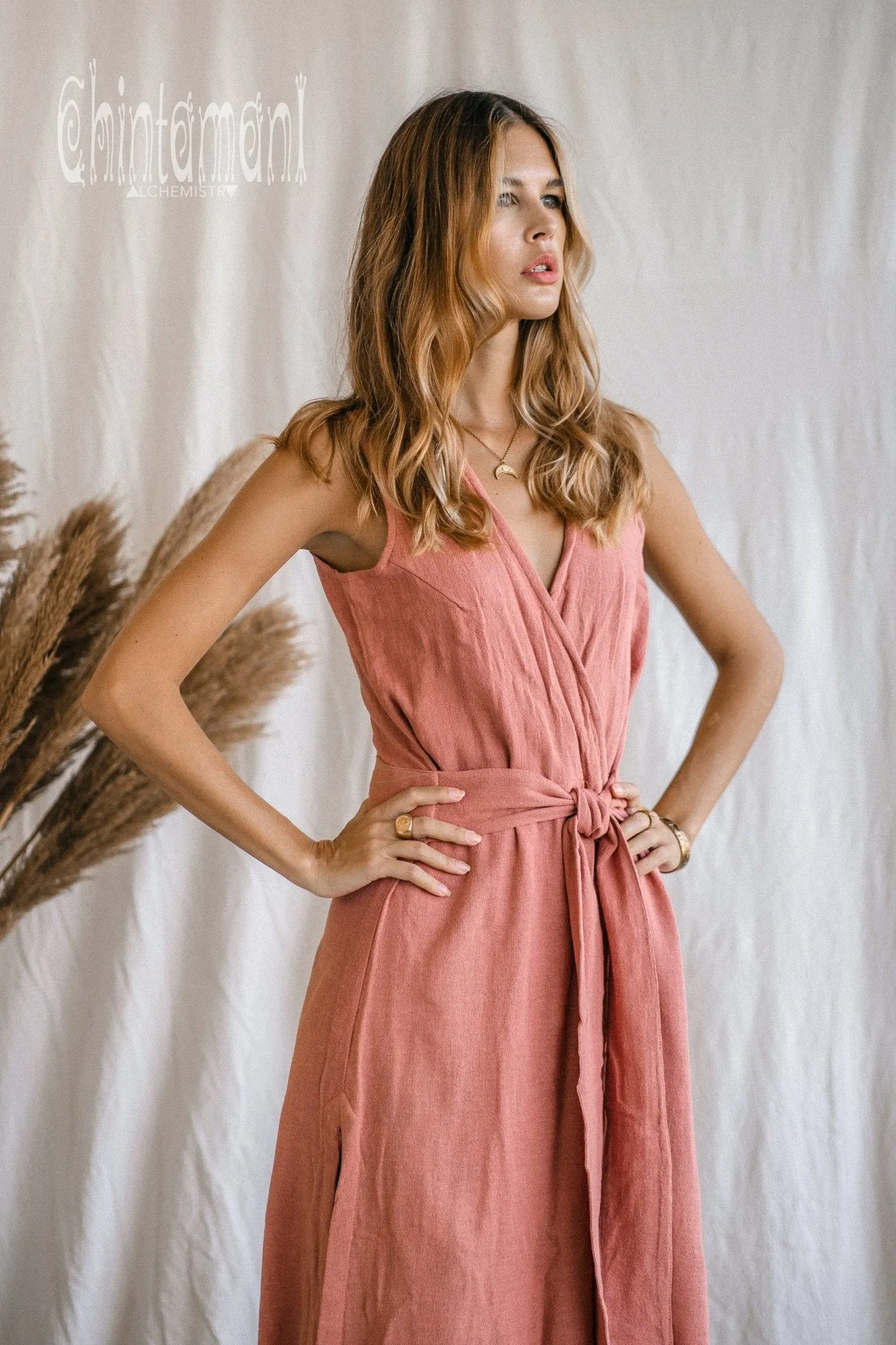 Gypsy Raw Cotton Sleeveless Long Wrap Dress / Pink
