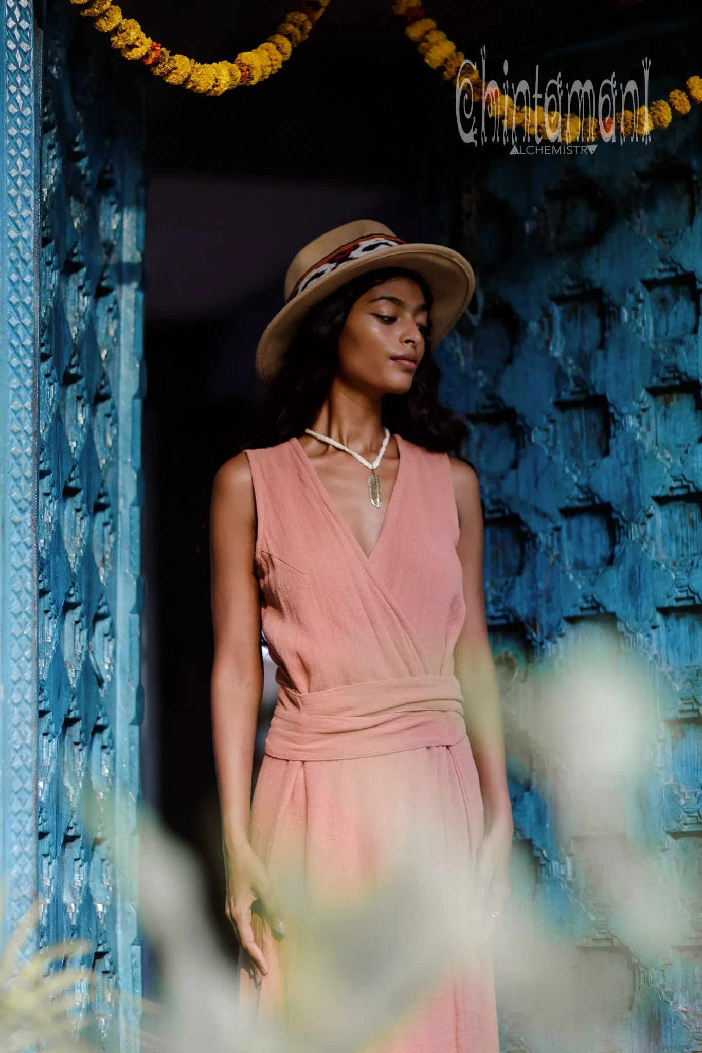 Gypsy Raw Cotton Sleeveless Long Wrap Dress / Pink