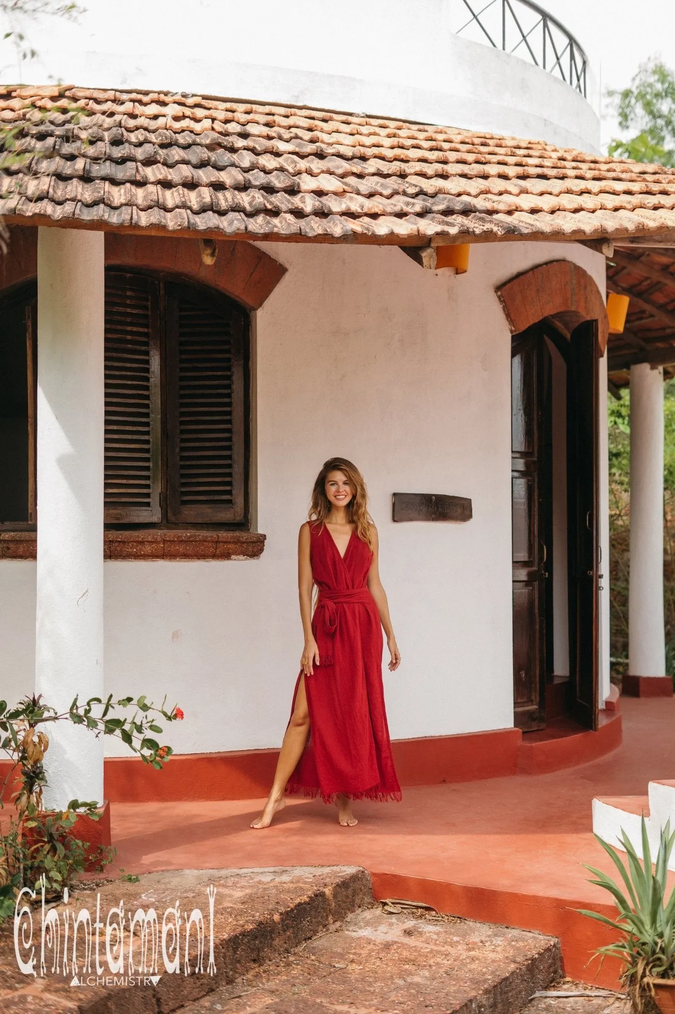 Gypsy Raw Cotton Sleeveless Long Wrap Dress / Red Ochre