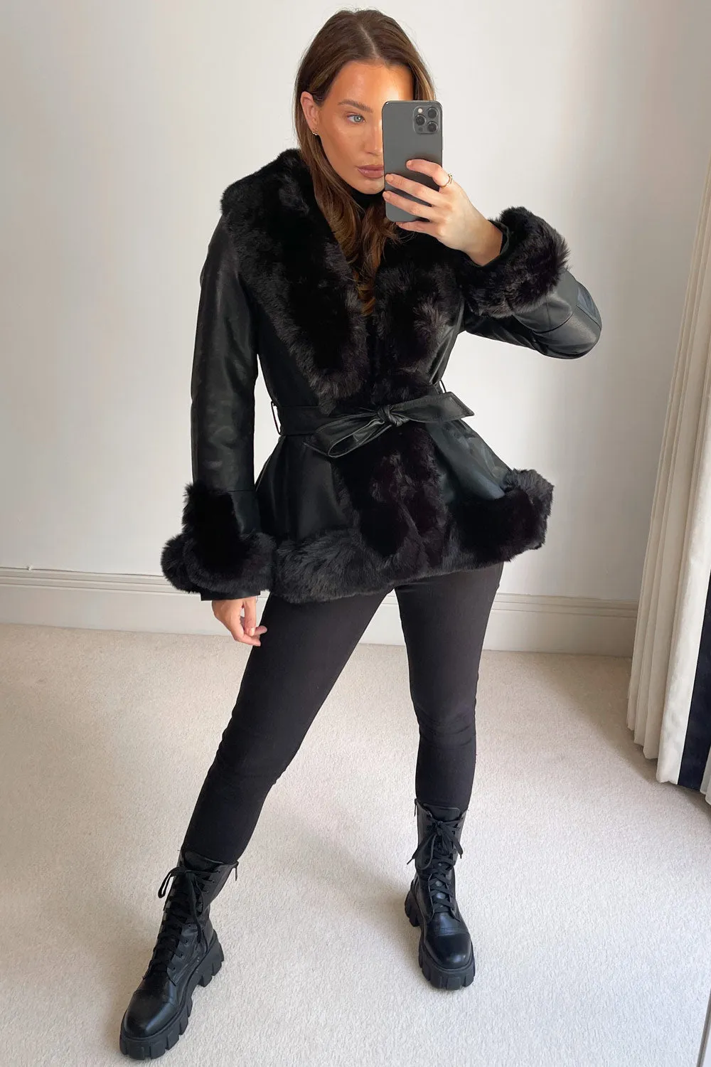 Izzy Black PU Faux Leather Faux Fur Trim Belted Coat