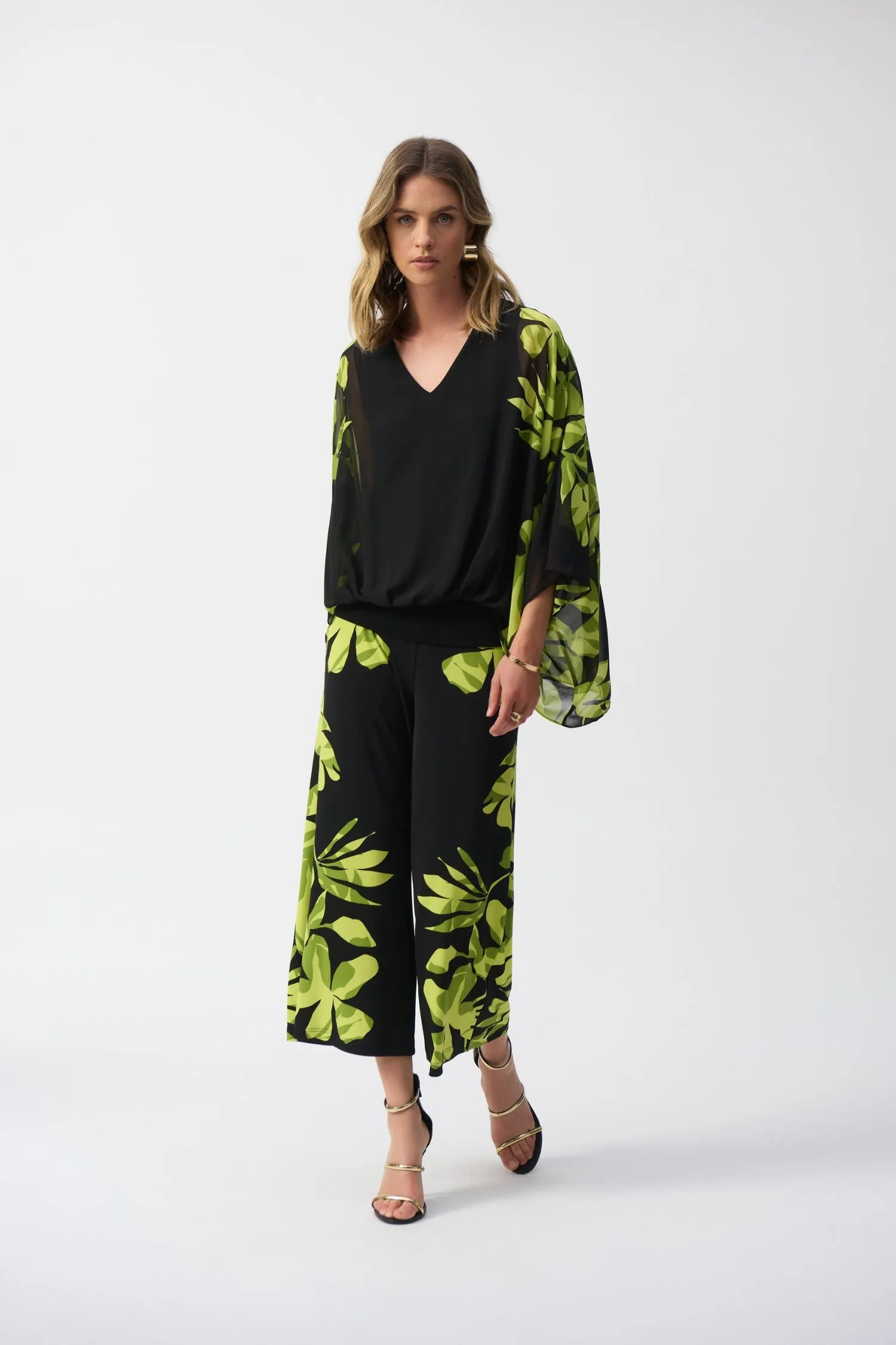 Joseph Ribkoff Chiffon And Silky Knit Floral Poncho Top - Style 251147-BLK/MULTI