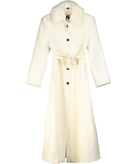 Karen Millen Cream Premium Italian Manteco Wool Detachable Faux Fur Collar Belted Tailored Maxi Coat UK 10