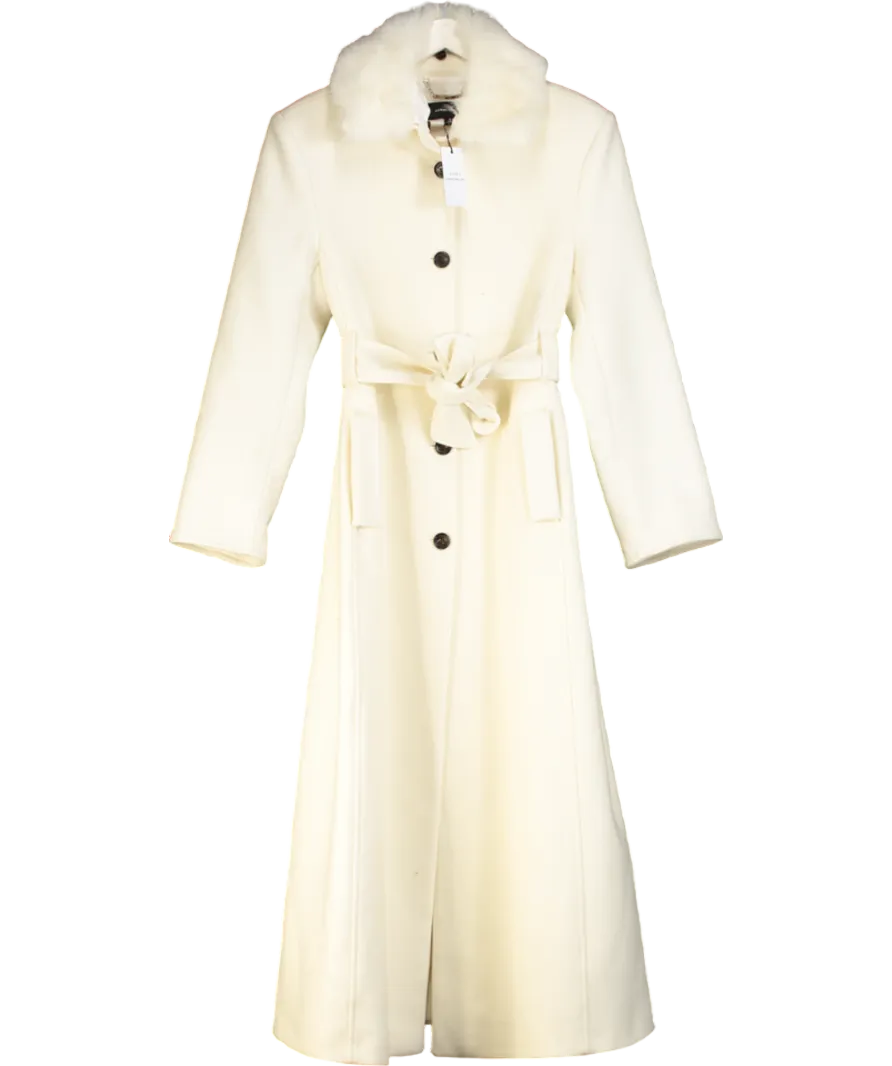 Karen Millen Cream Premium Italian Manteco Wool Detachable Faux Fur Collar Belted Tailored Maxi Coat UK 10