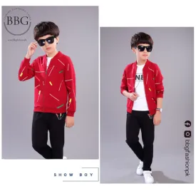 Kids Red Printed Zipper with Warm Black Trouser ( 3 Piece )