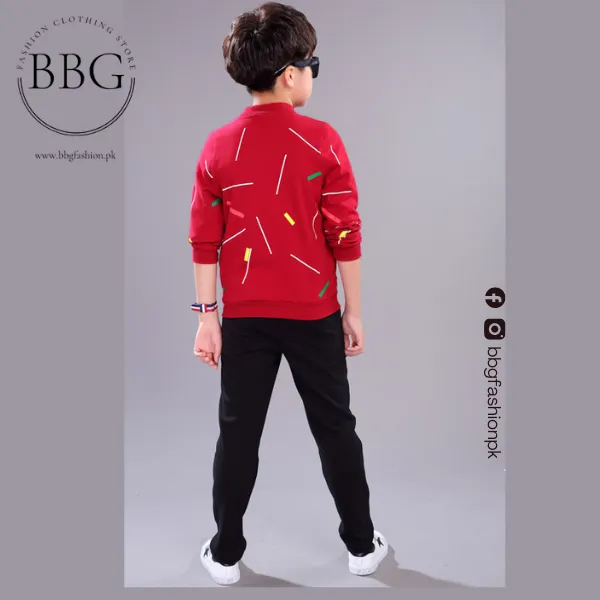 Kids Red Printed Zipper with Warm Black Trouser ( 3 Piece )