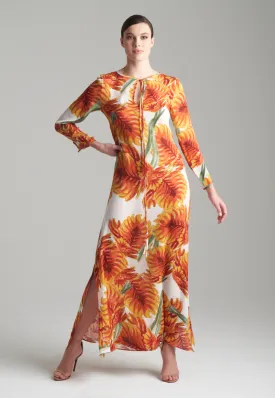 Kira Silk Keyhole Kaftan in Fire Palm
