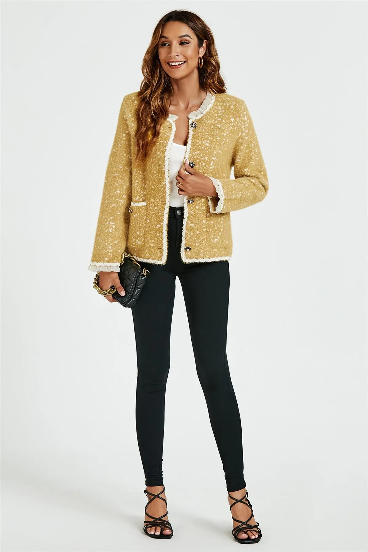 Lace Trim Boucle Jacket In Yellow