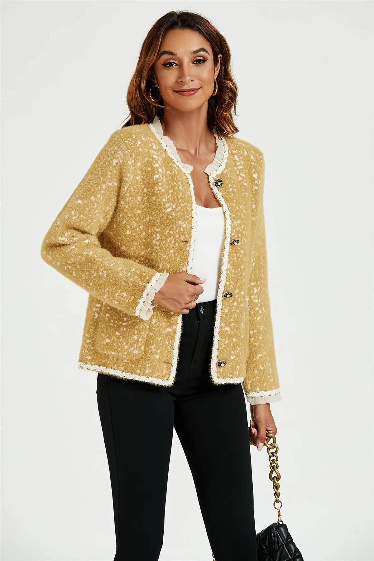Lace Trim Boucle Jacket In Yellow