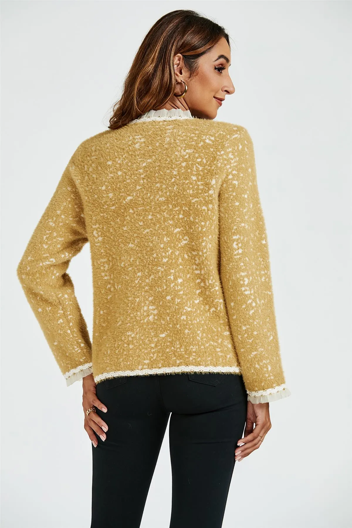 Lace Trim Boucle Jacket In Yellow