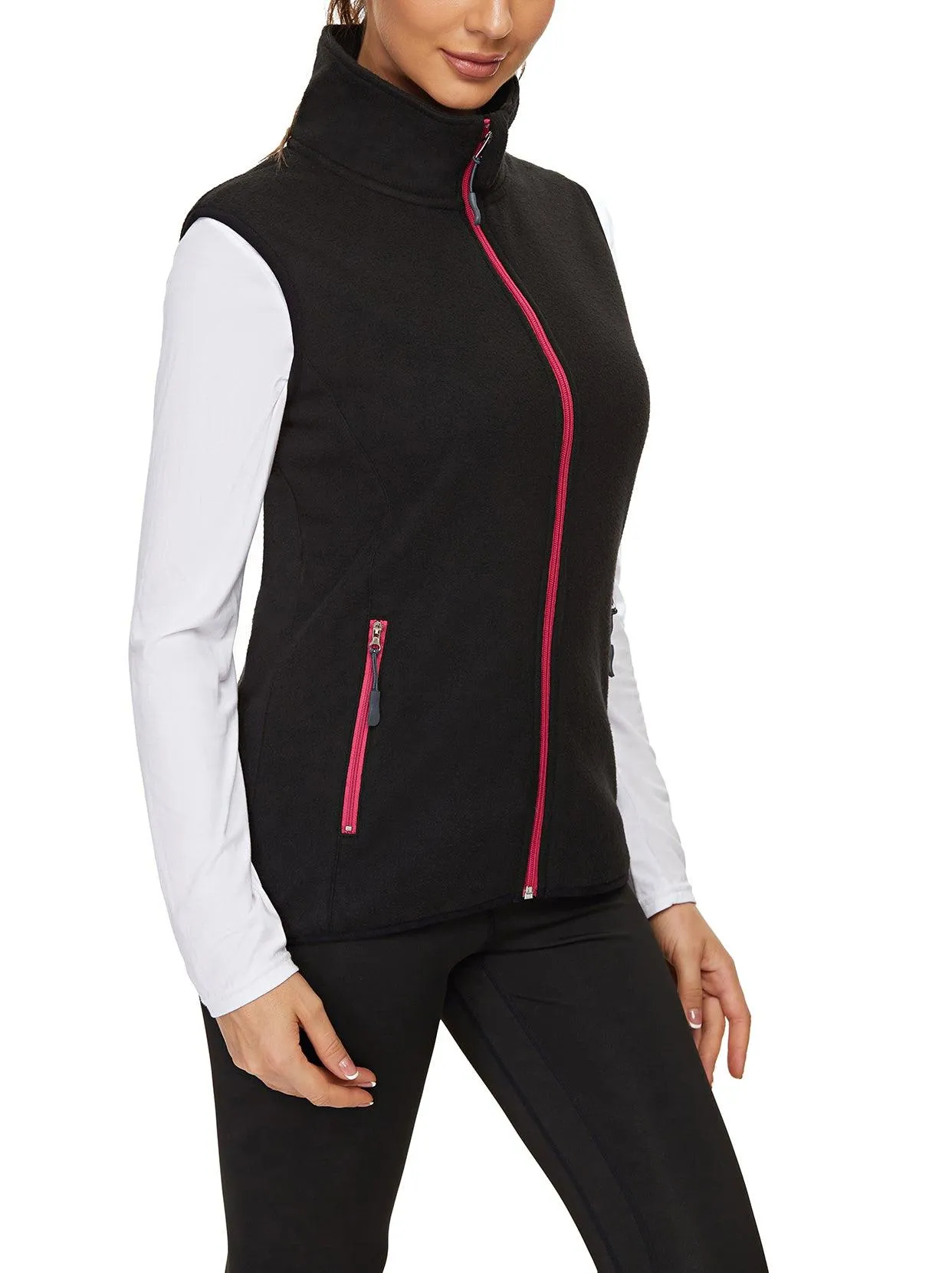Ladies Sleeveless Jacket-🔥SO® Black with Rose Red Zipper Fleece Outdoor Short Running Vest Fleece Vest Riding Vest Softshell Vest Sleeveless Jacket Lightweight Elegant Windproof Warm with Zip for Running Hiking Winter