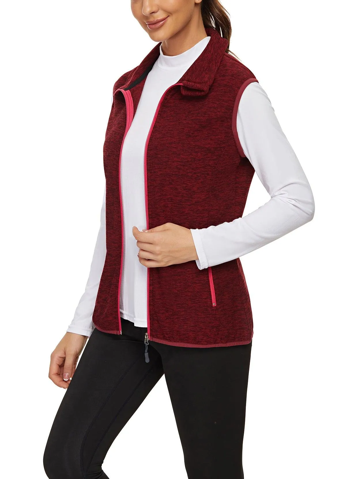 Ladies Sleeveless Jacket-🔥SO® Red with Light Red Zipper Fleece Outdoor Short Running Vest Fleece Vest Riding Vest Softshell Vest Sleeveless Jacket Lightweight Elegant Windproof Warm with Zip for Running Hiking Winter