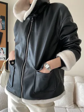 Loose Spliced Zipper PU Leather Jacket