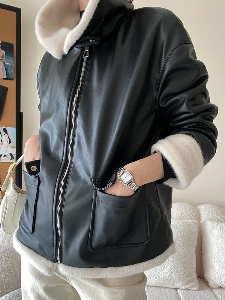 Loose Spliced Zipper PU Leather Jacket