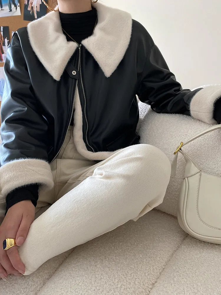Loose Spliced Zipper PU Leather Jacket
