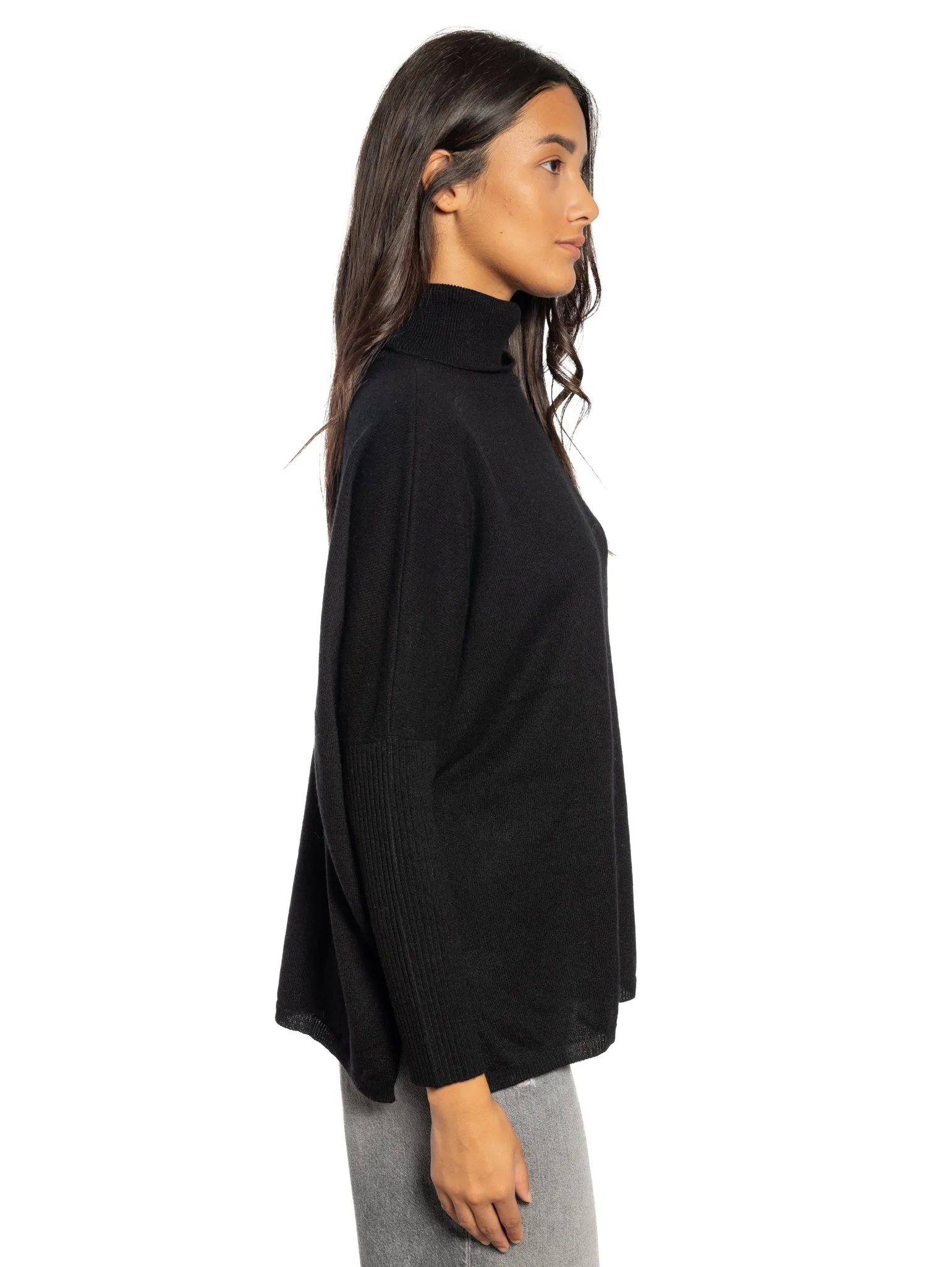Maglia Poncho Collo Alto In Cashmere Nero