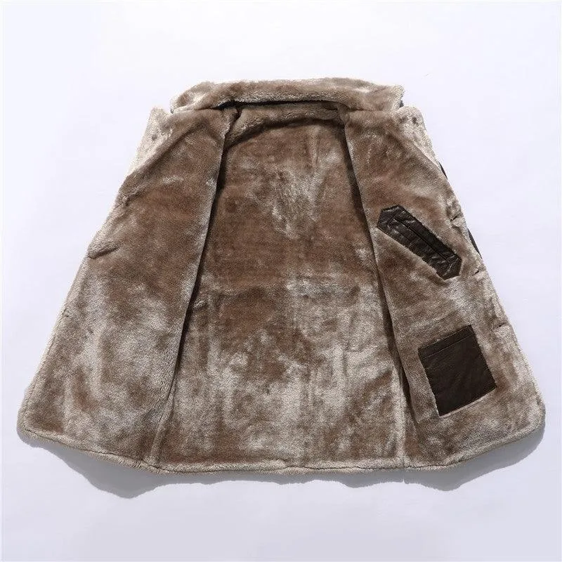 Men's Plush Lapel Leather Jacket - Winter Fleece Coat