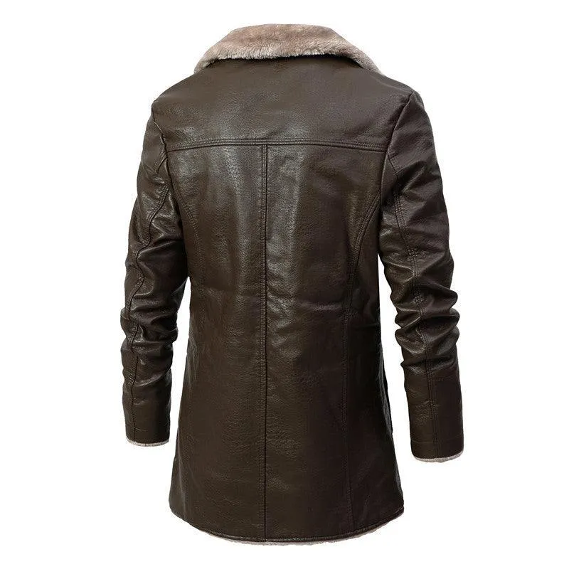 Men's Plush Lapel Leather Jacket - Winter Fleece Coat