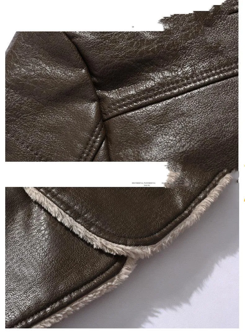 Men's Plush Lapel Leather Jacket - Winter Fleece Coat