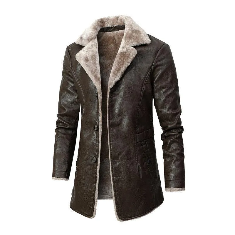 Men's Plush Lapel Leather Jacket - Winter Fleece Coat