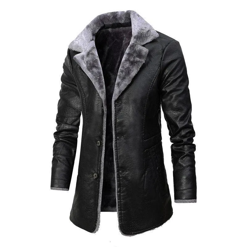 Men's Plush Lapel Leather Jacket - Winter Fleece Coat