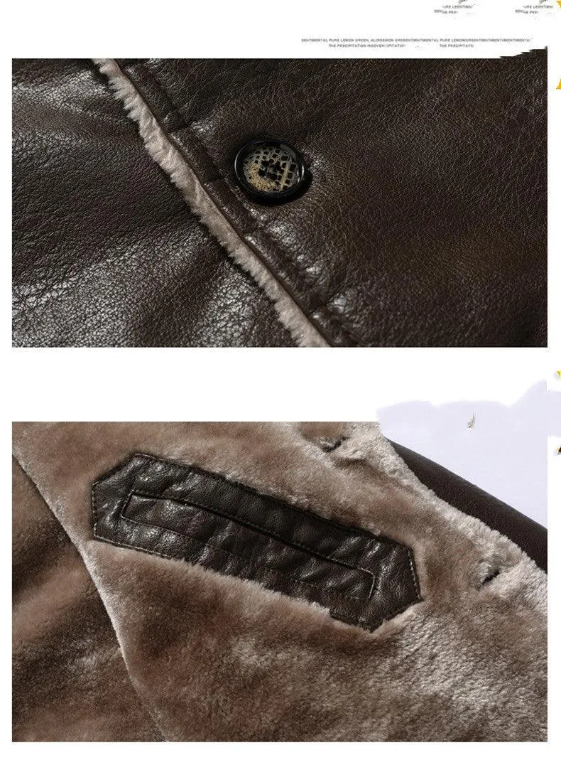 Men's Plush Lapel Leather Jacket - Winter Fleece Coat