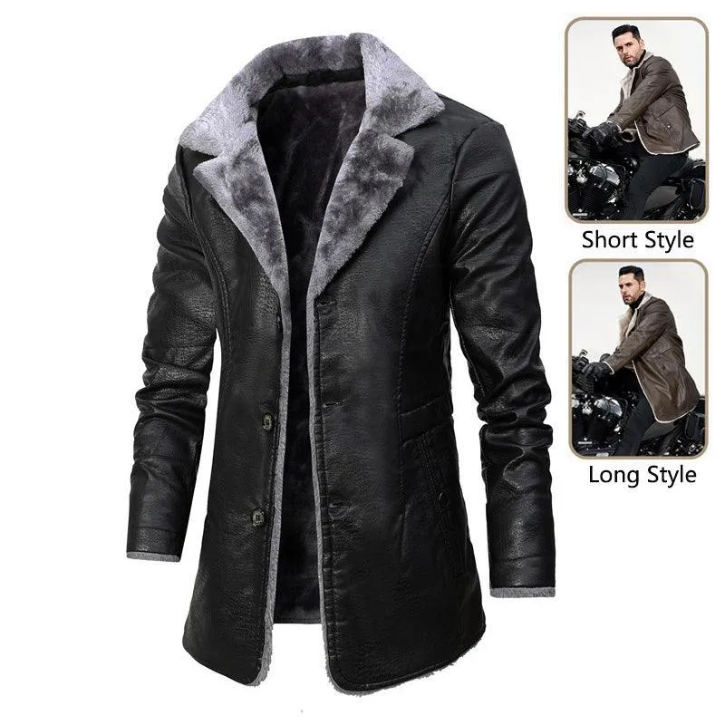 Men's Plush Lapel Leather Jacket - Winter Fleece Coat