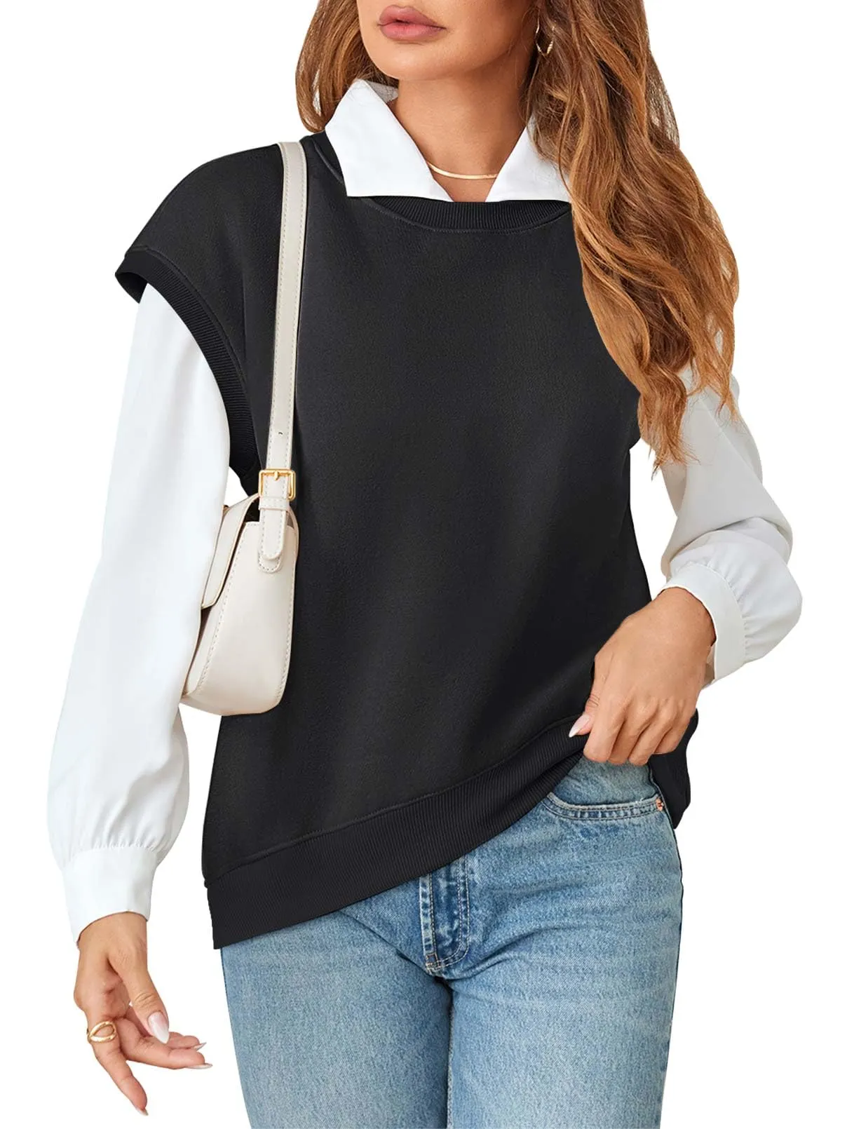 MEROKEETY Sleeveless Oversized Crewneck Fleece Pullover Sweatshirts