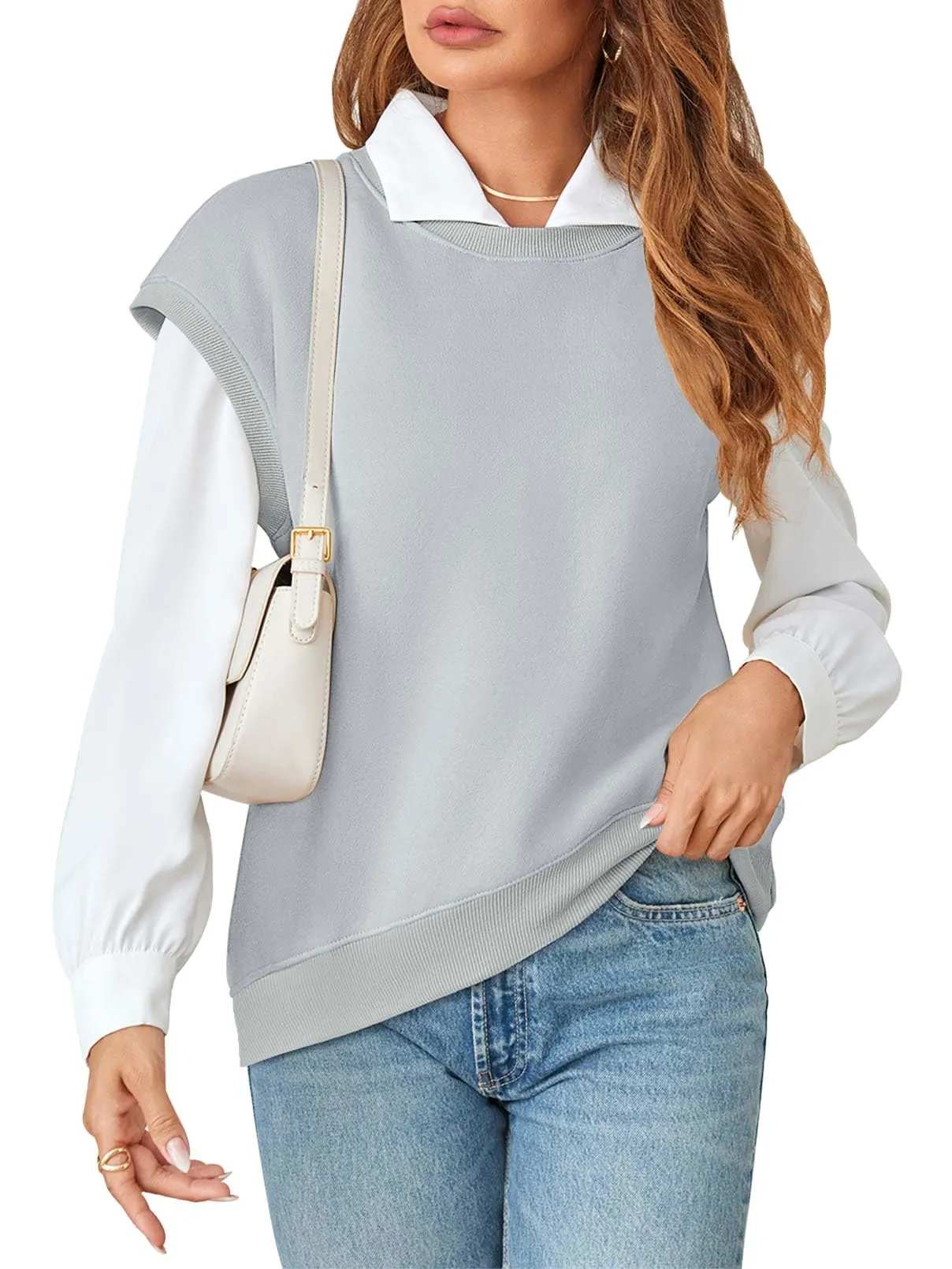 MEROKEETY Sleeveless Oversized Crewneck Fleece Pullover Sweatshirts